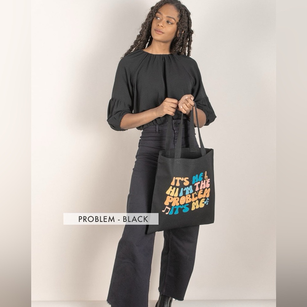 Taylor Swift Themed Anti-Hero Canvas Black Tote Bag, Over the Shoulder - Picture 2 of 4